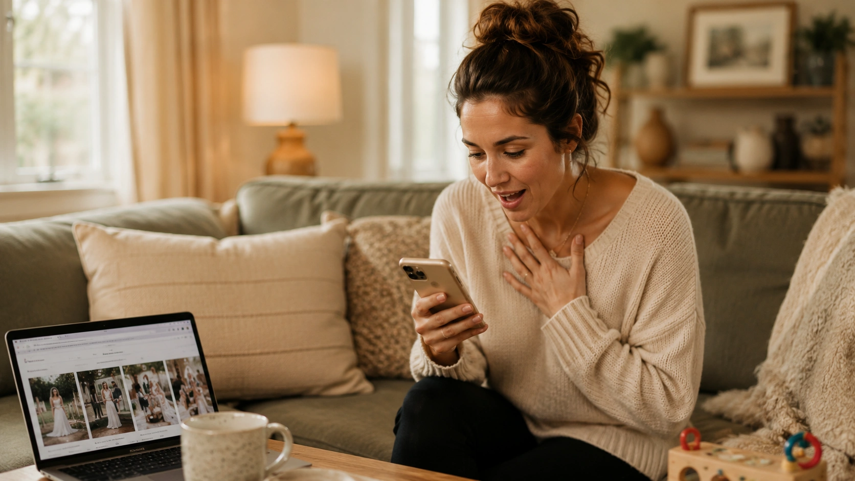 Woman reading her first paid wedding content creator inquiry message