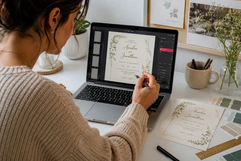 Designer reviewing a custom wedding invitation proof for an Etsy order