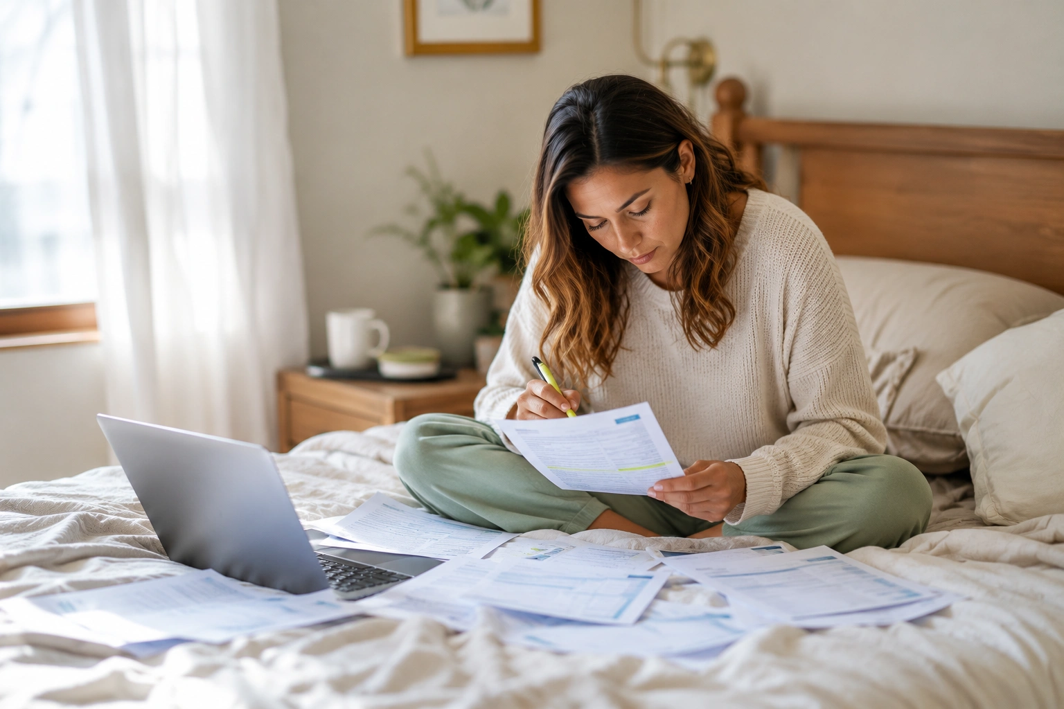 Woman reviewing bank statements to fix money fights in marriage