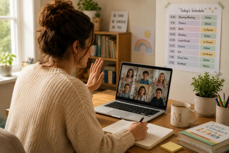 Woman teaching kids on video call, make money teaching online and in-person schedule