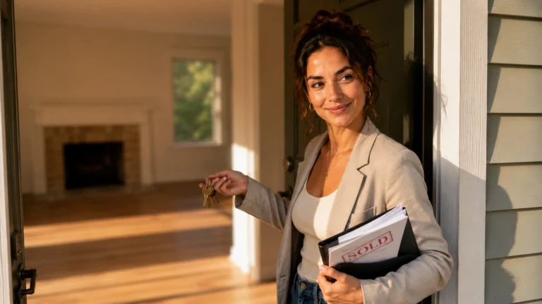Single women selling property: woman holding keys in empty sold home doorway Title Text: The Moment the Sale Finally Closes
