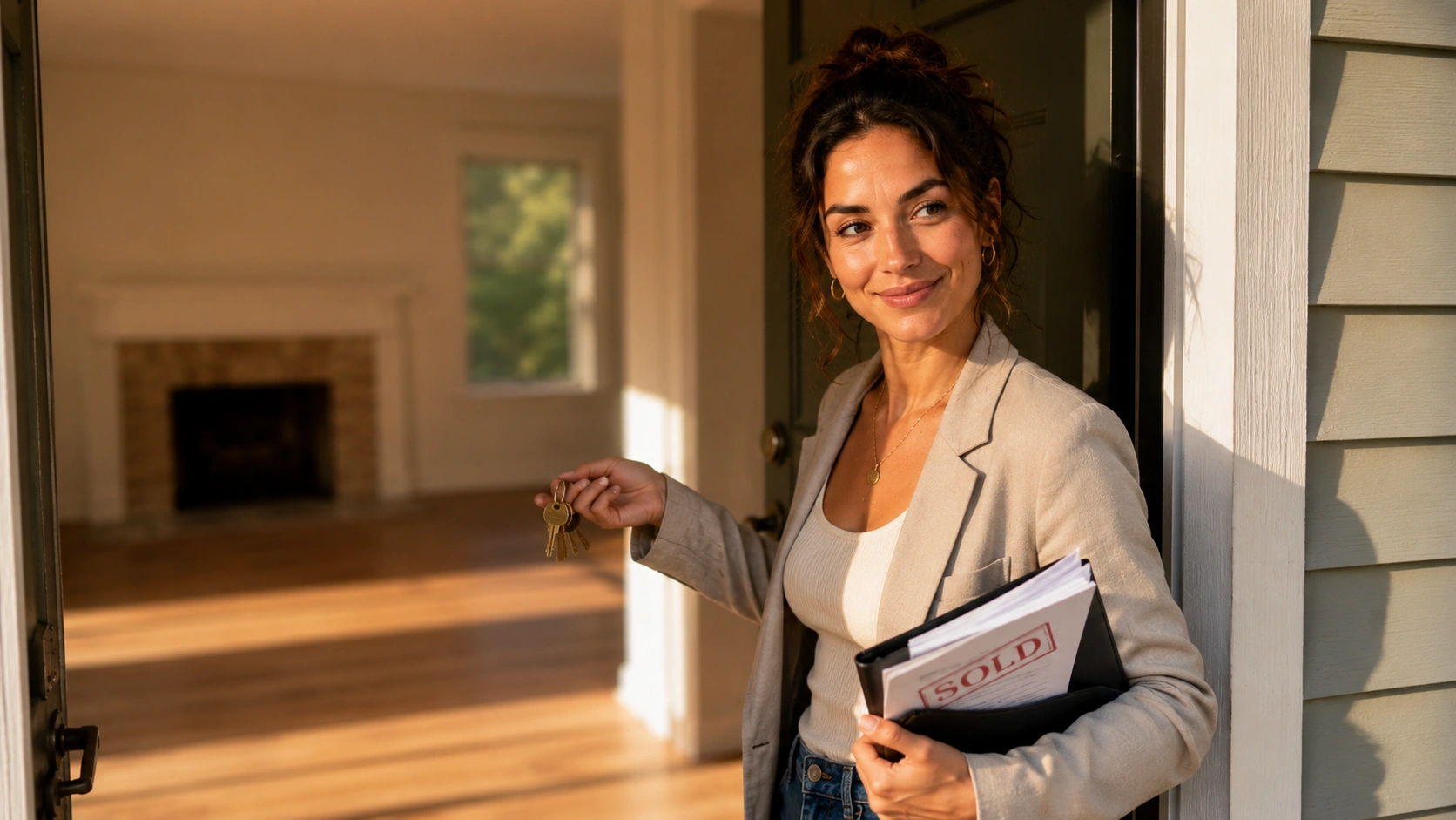 Single women selling property: woman holding keys in empty sold home doorway Title Text: The Moment the Sale Finally Closes