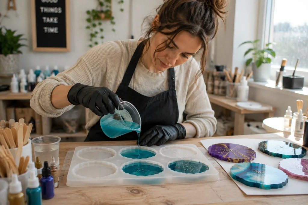 Woman pouring colored resin into coaster molds for Etsy
