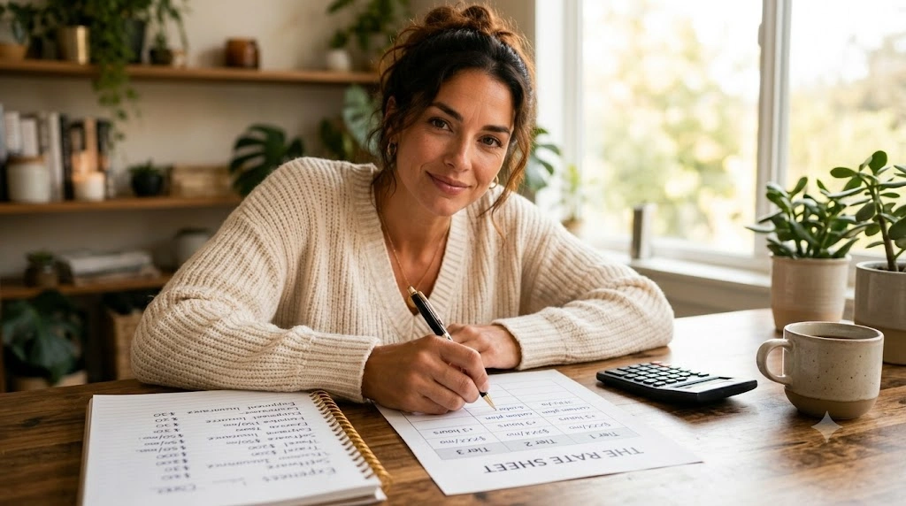 Woman writing a wedding content creator pricing sheet at her kitchen table