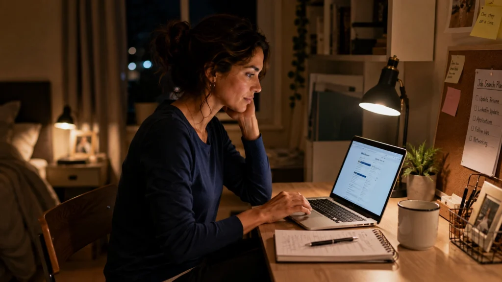 Woman working at a small desk late at night during a career break job search
