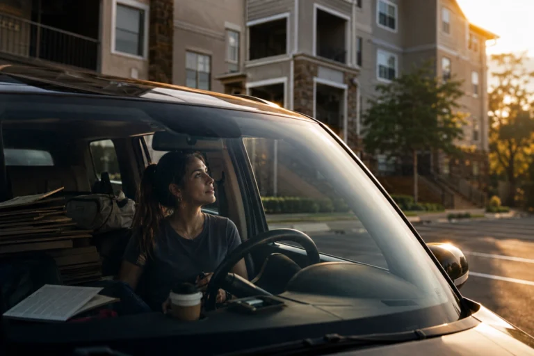 irst apartment essentials moment, woman sitting in car before her first move-in