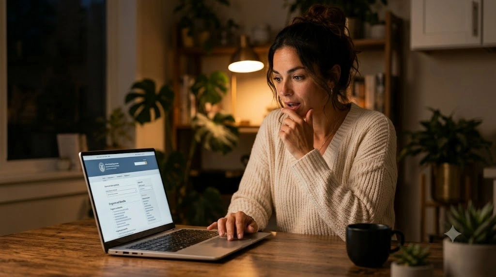 Woman discovering she may qualify for divorced spouse benefits while researching online