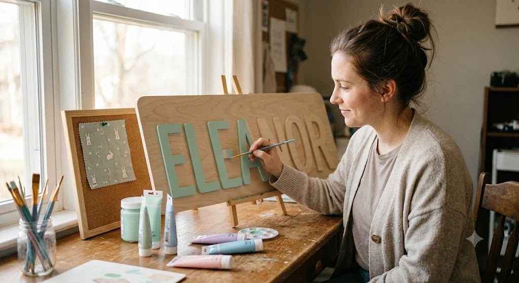 Woman painting a personalized wooden nursery name sign