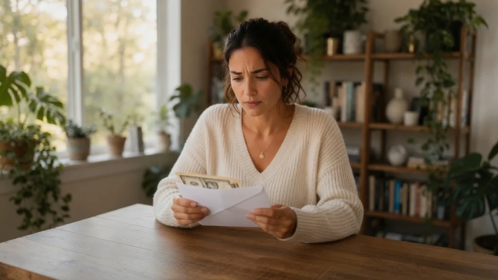 Single mom without childcare reading mail at kitchen table with quiet determination, PennyToPower.com