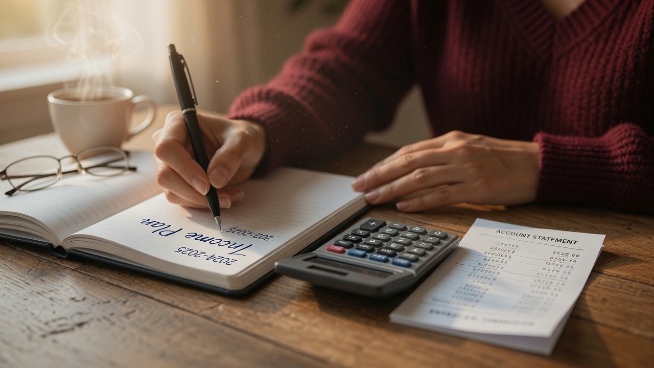 Single mom without childcare writing income plan in notebook with calculator, PennyToPower.com