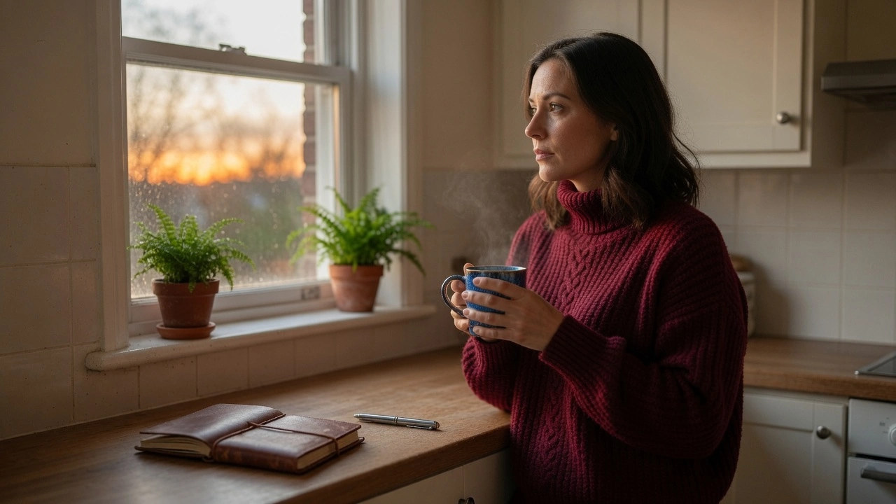 Single mom without childcare looking out kitchen window with morning coffee thinking about income, PennyToPower.com