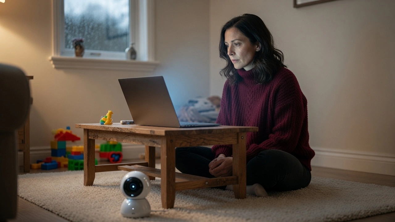 Single mom without childcare working on laptop at home after bedtime, PennyToPower.com