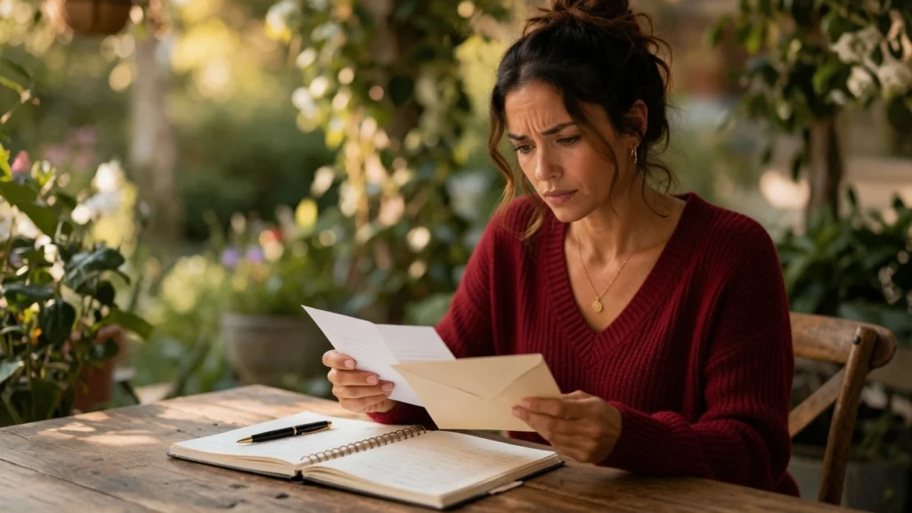 Woman planning budget destination wedding 2026 reviewing costs at outdoor cafe table, PennyToPower.com