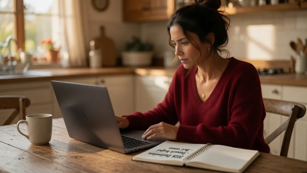 Woman researching budget destination wedding locations 2026 on laptop at kitchen table, PennyToPower.com