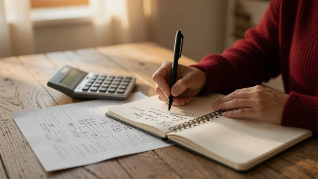 Woman writing budget destination wedding 2026 planning timeline in notebook, PennyToPower.com