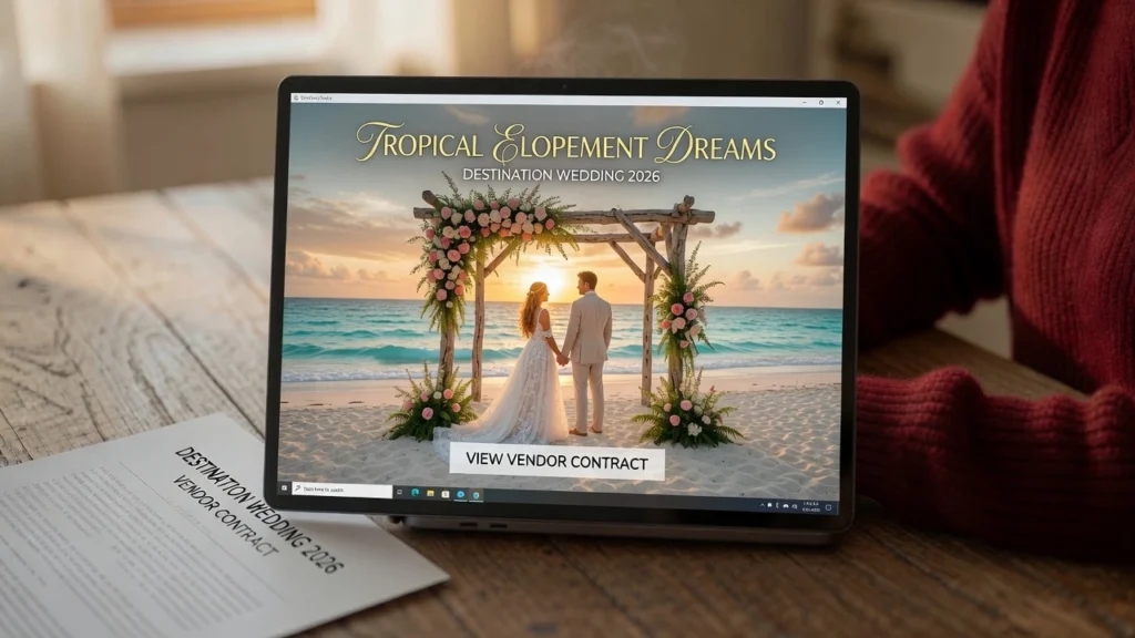 Woman reviewing budget destination wedding 2026 vendor contract on laptop with coffee, PennyToPower.com