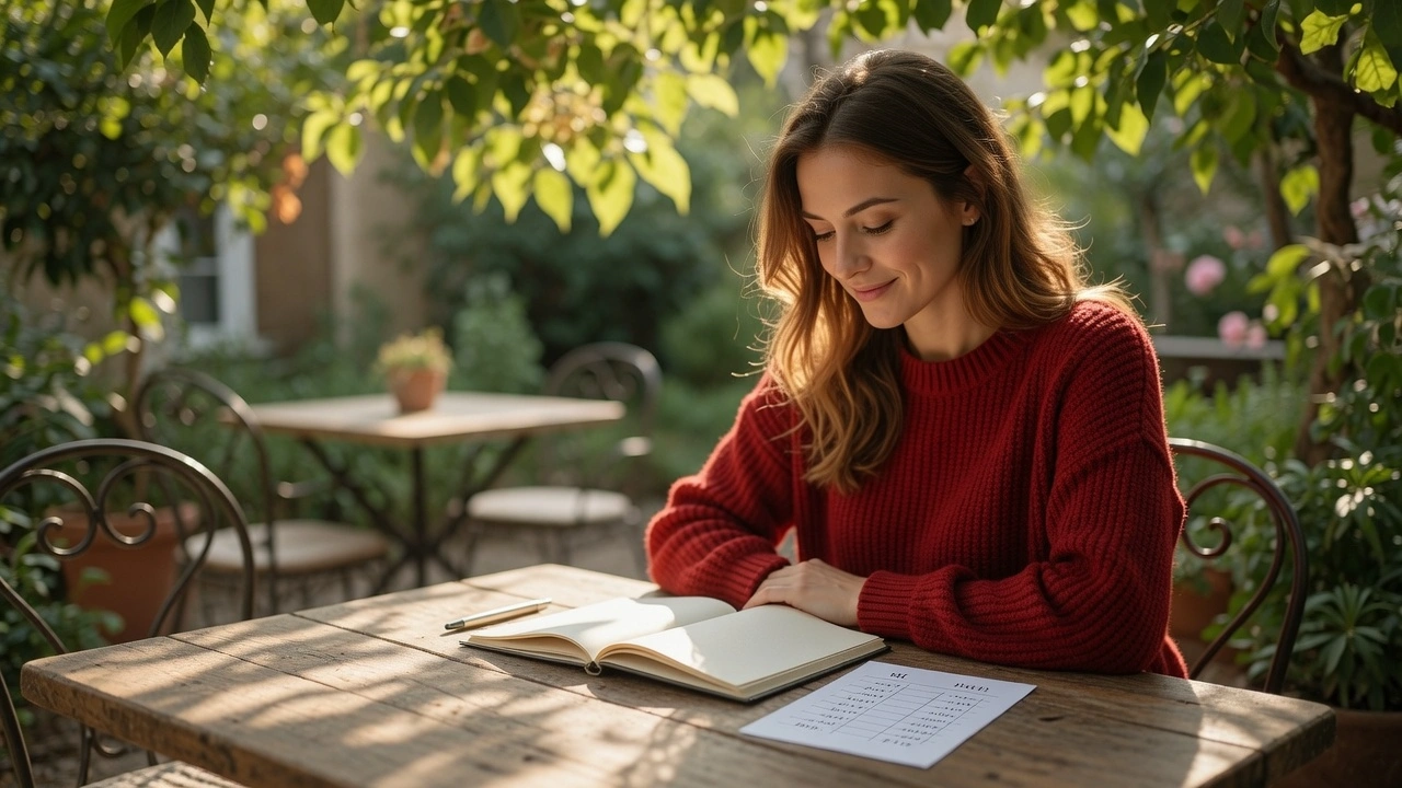Woman planning budget destination wedding 2026 at outdoor cafe table with notebook, PennyToPower.com