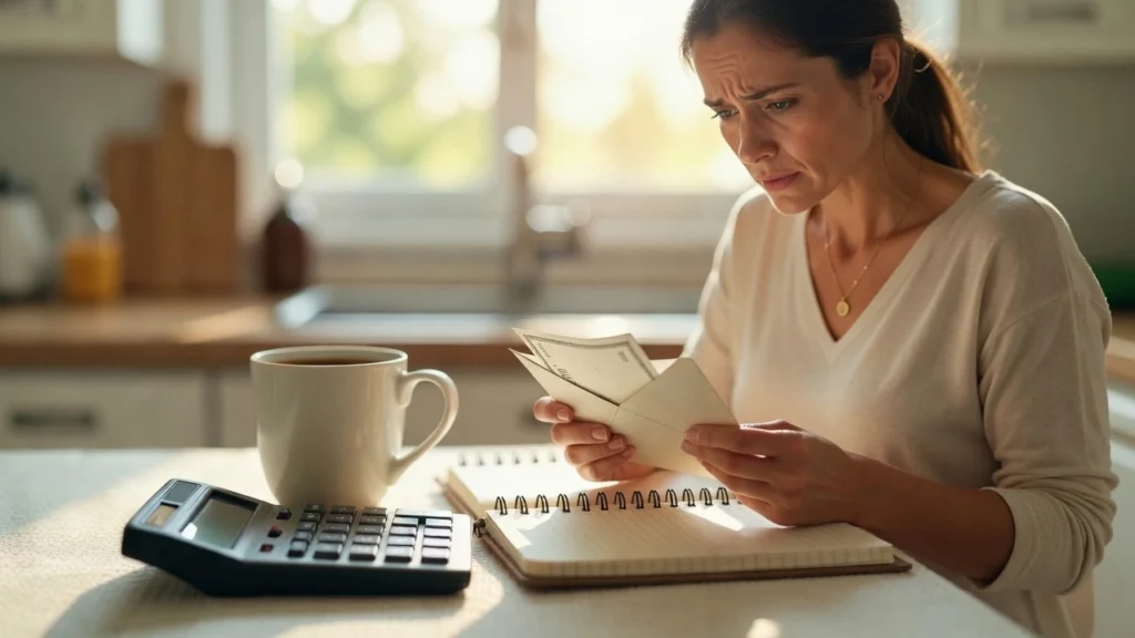 Woman reviewing a bill while building her debt payoff plan, PennyToPower
