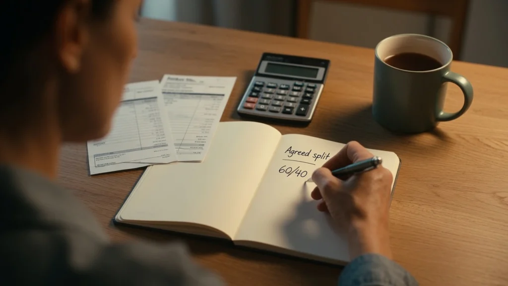 Couple calculating a fair income split for money fights in marriage