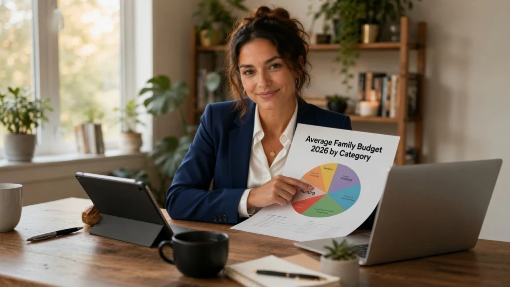 Woman reviewing average family budget 2026 category breakdown chart