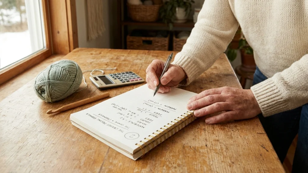 Handwritten pricing formula notebook for crochet Etsy side hustle