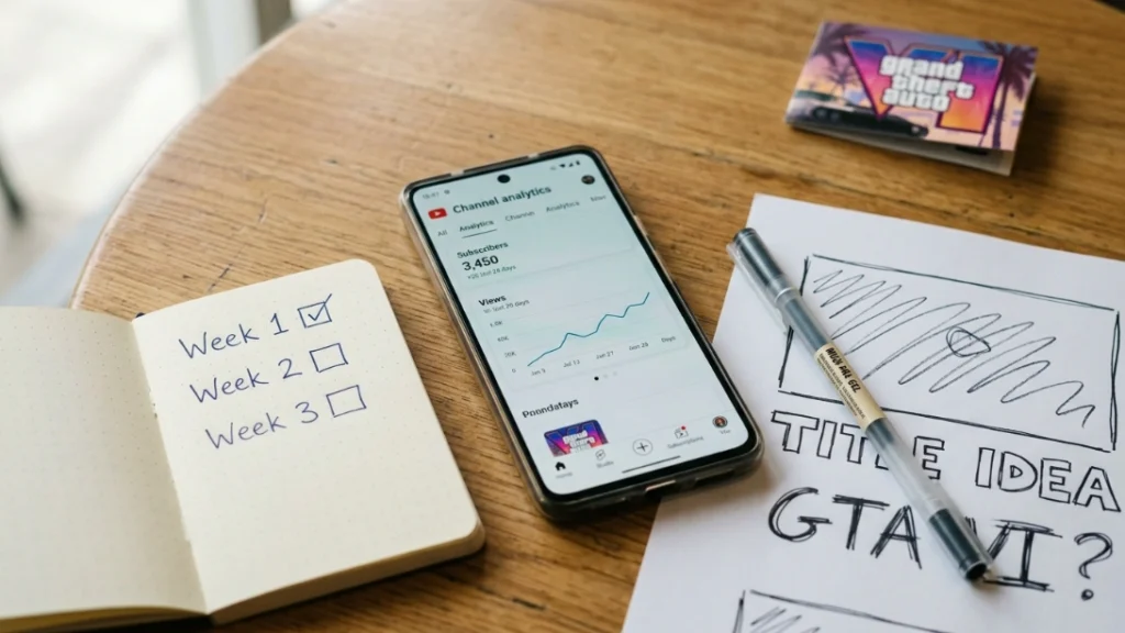 Gaming side hustle planning flat lay with phone showing YouTube analytics, notebook, and thumbnail sketch on desk