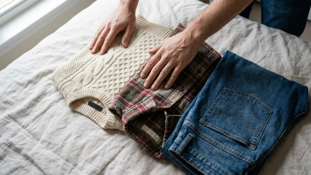 Hands laying out textured clothing pieces for a budget pumpkin patch outfit