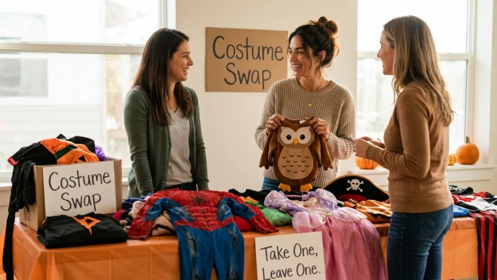 Moms at a school costume swap table