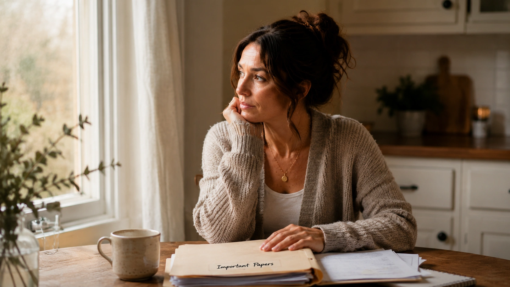 Woman reviewing paperwork, finances after losing spouse first steps