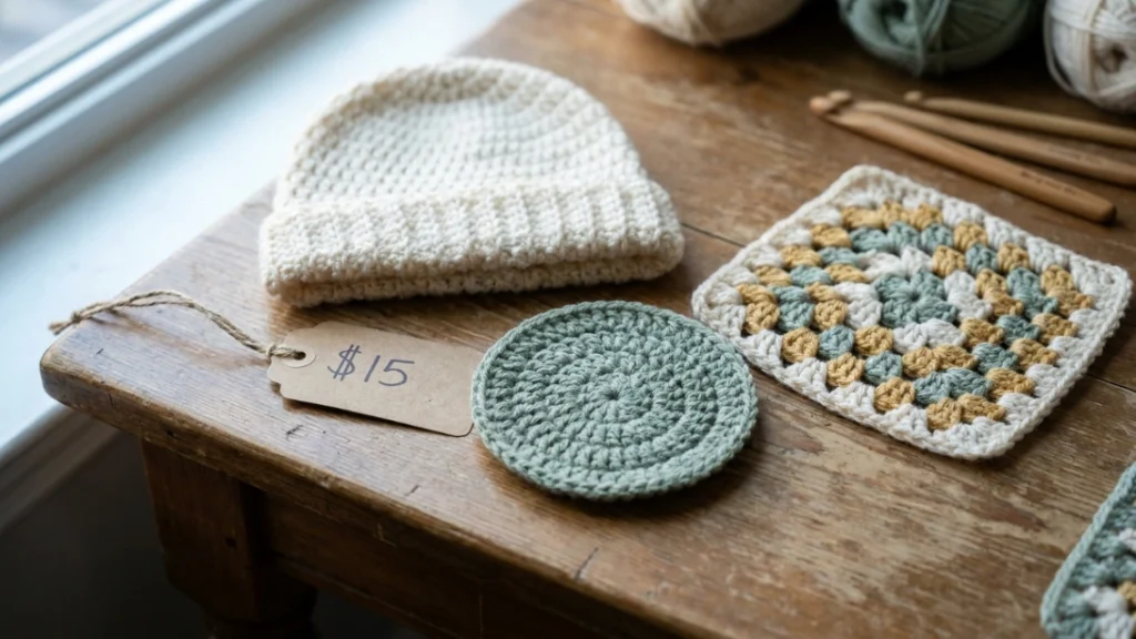 Finished crochet items with price tag, crochet Etsy side hustle product planning