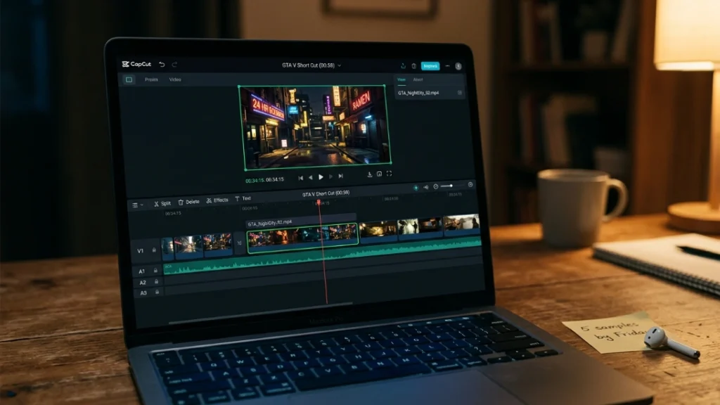 Video editing side hustle — laptop screen showing gaming short-form video timeline in editing software at evening desk