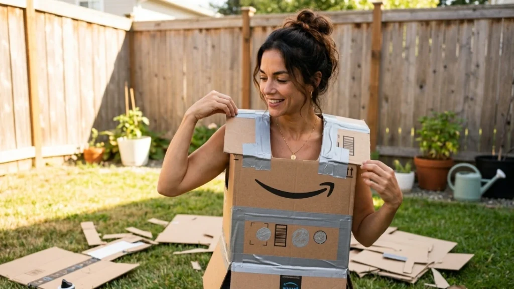 Testing a DIY cardboard costume fit in the backyard