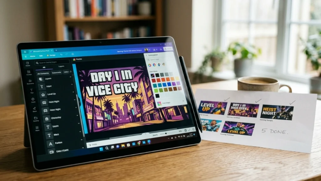 Gaming side hustle thumbnail design — tablet screen showing GTA-style YouTube thumbnail in Canva with printed portfolio samples beside it