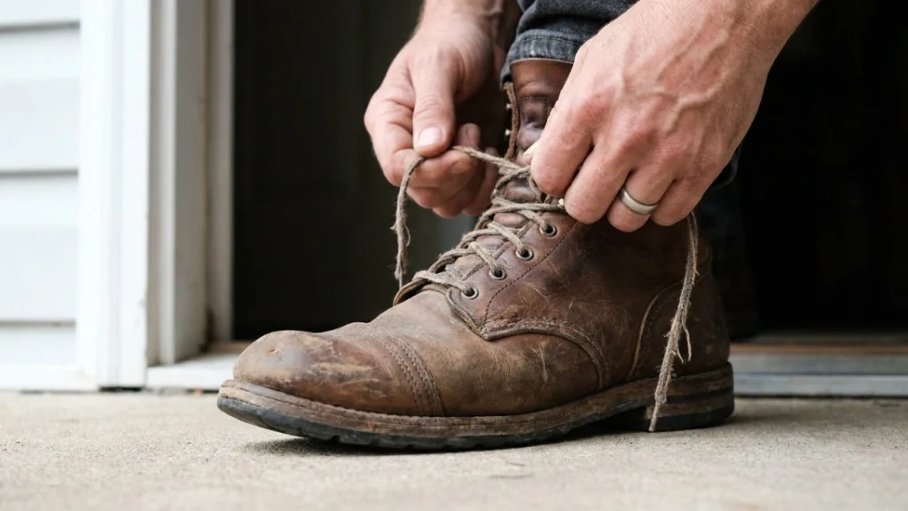 Lacing worn boots as part of a budget pumpkin patch outfit