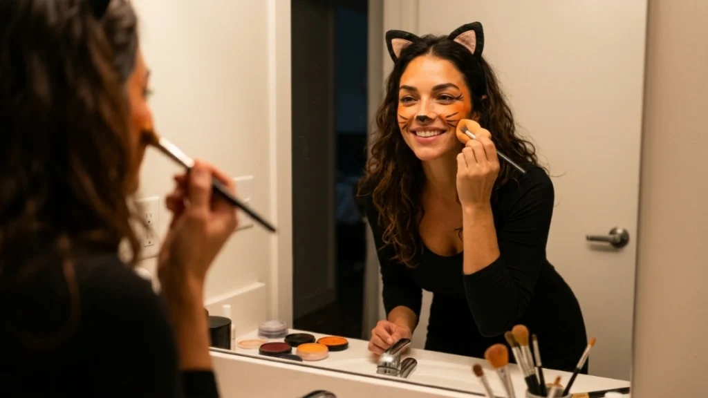 Applying Halloween face paint in a bathroom mirror