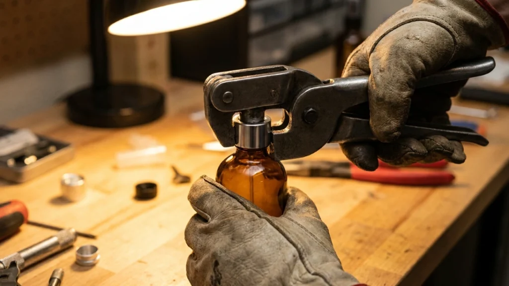 Crimping a spray bottle collar as part of a home perfume business cost