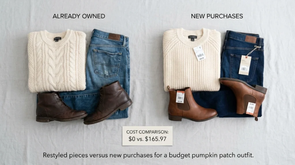 Comparing already-owned clothes to new purchases for a budget pumpkin patch outfit