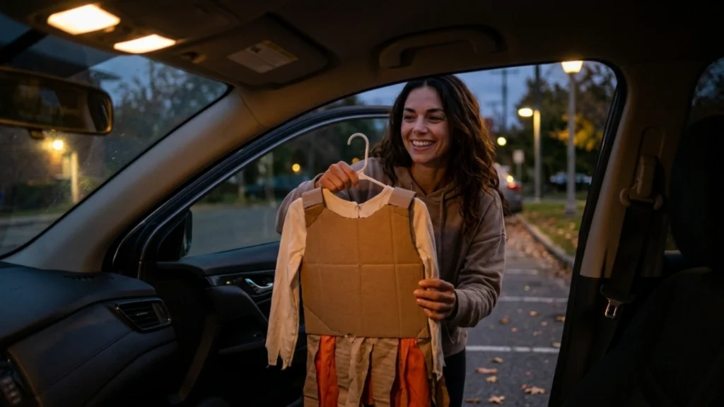 Buckling a child in a homemade Halloween costume into a car seat