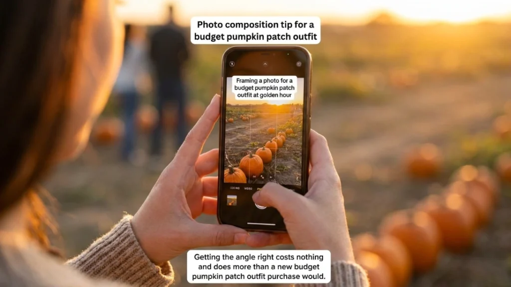 Framing a photo for a budget pumpkin patch outfit at golden hour