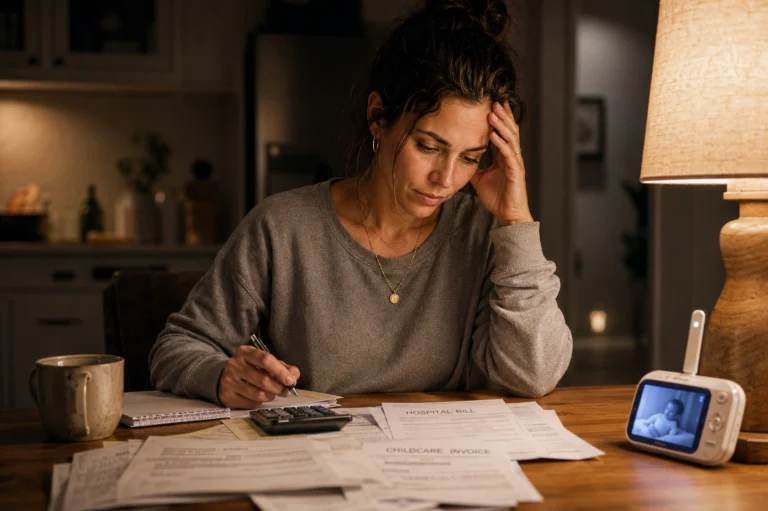 Woman reviewing bills, financially behind after baby budgeting session