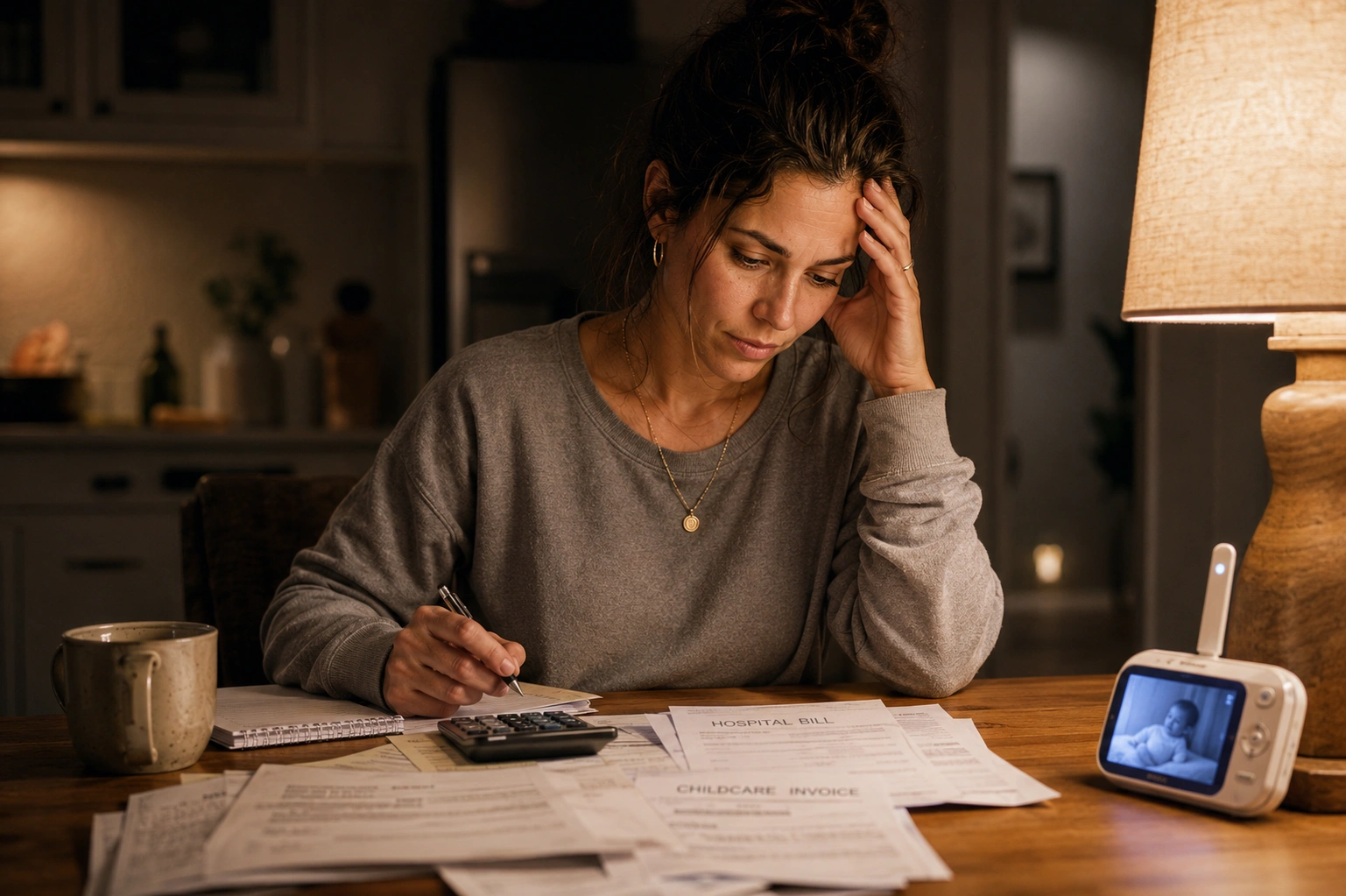 Woman reviewing bills, financially behind after baby budgeting session