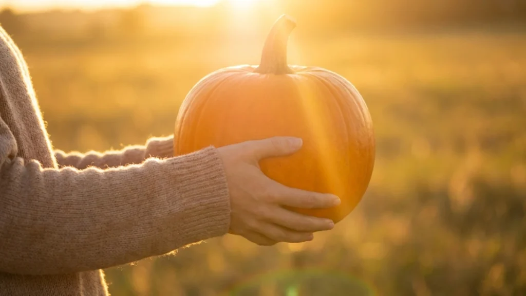 Holding a single pumpkin prop while wearing a budget pumpkin patch outfit
