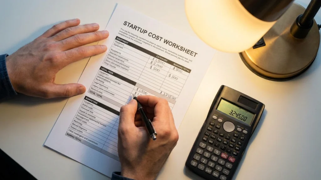 Filling out a startup cost worksheet for a home perfume business cost