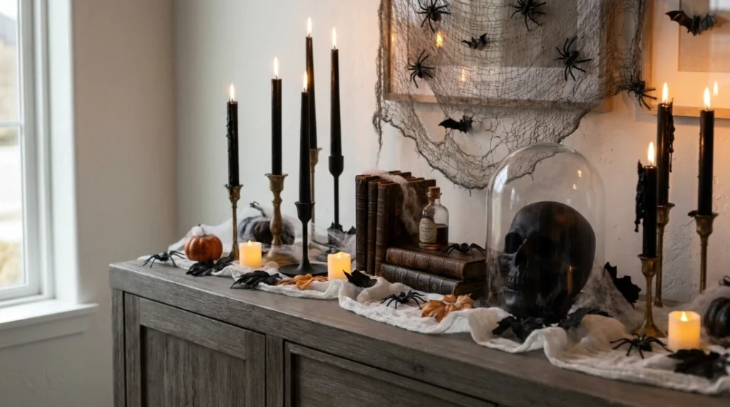 Black taper candle cluster with skull cloche, elegant Halloween decor styling
