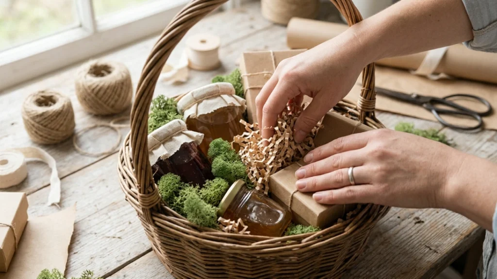 Natural moss, crinkle paper, or shredded natural fiber goes into gaps first