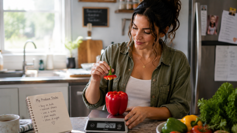 Woman trying silly money saving tips in her kitchen Title text: The small tricks that actually work