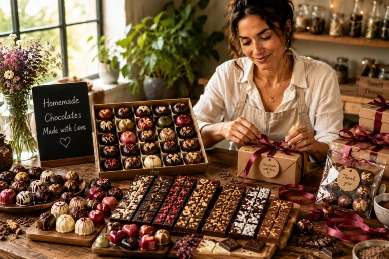 Woman with homemade chocolate gift business box ready for delivery
