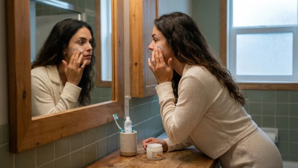 Teen applying budget self-care routine moisturizer at bathroom mirror