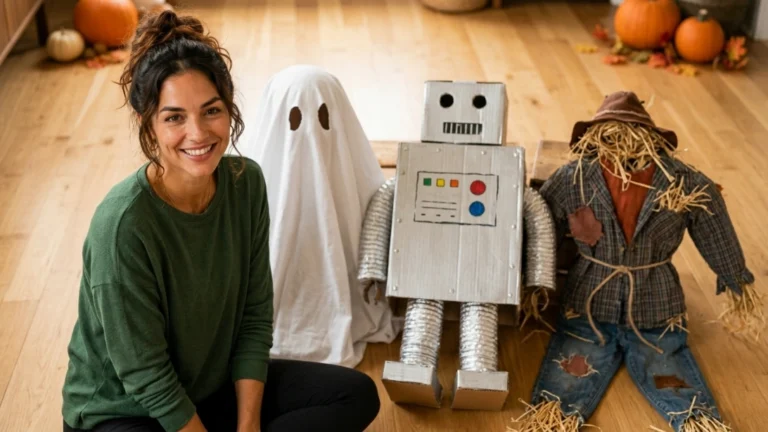Mom with three homemade cheap Halloween costumes laid out on the floor
