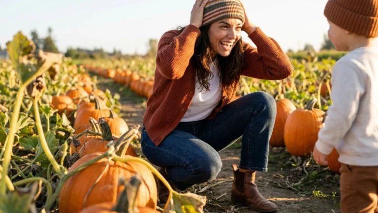 Budget pumpkin patch outfit worn while helping a child at a fall pumpkin patch